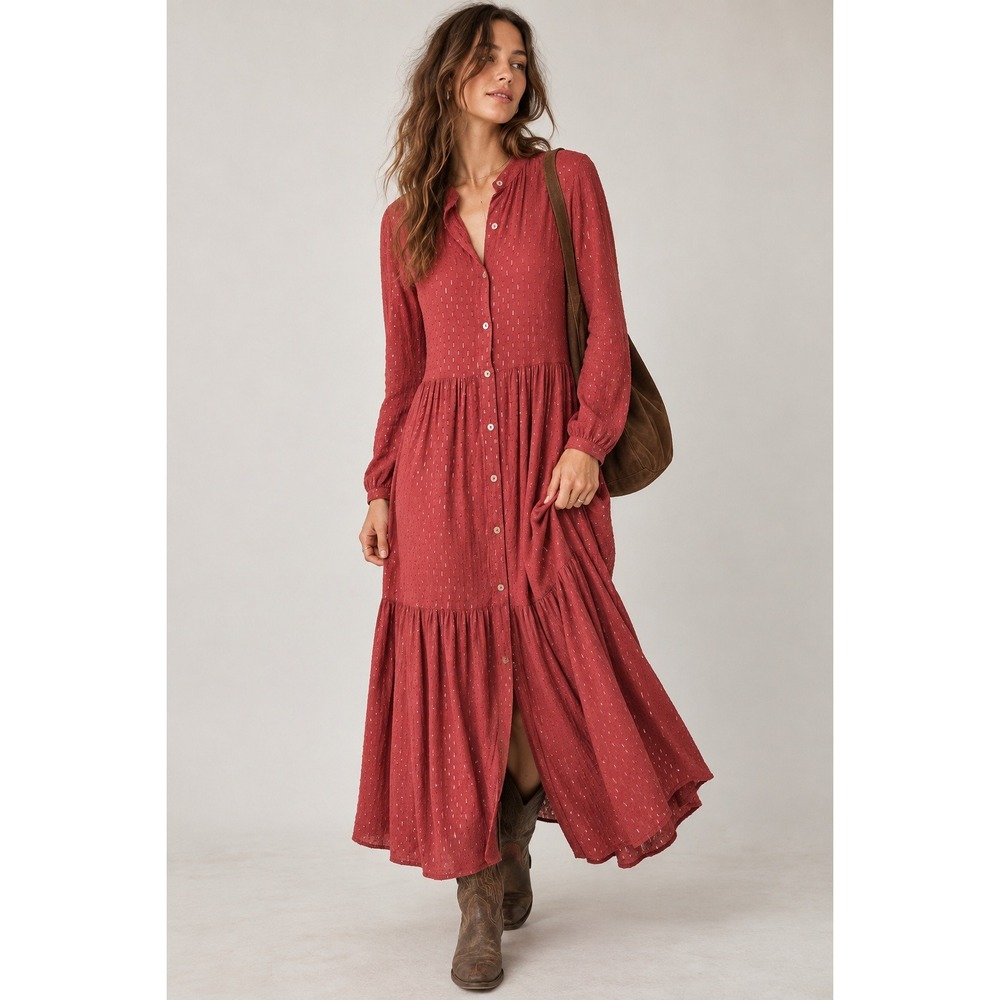 Suzy D Kinzley Red Metallic Swiss Dot Tiered Maxi Dress S Romantic Cottage Boho